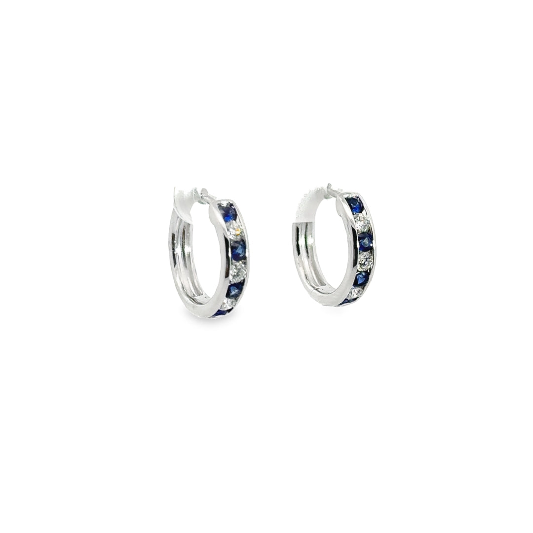 18K White Gold Sapphire Diamond Huggie Earrings