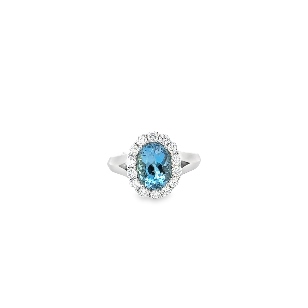 18K White Gold Aquamarine Diamond Oval Halo Ring