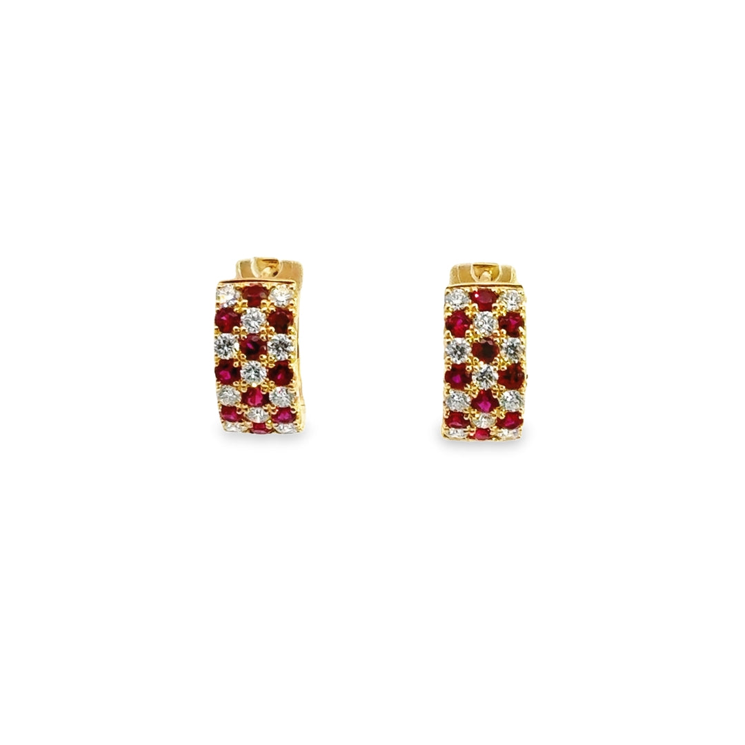 18K Yellow Gold Ruby Diamond Checkered Huggie Earrings