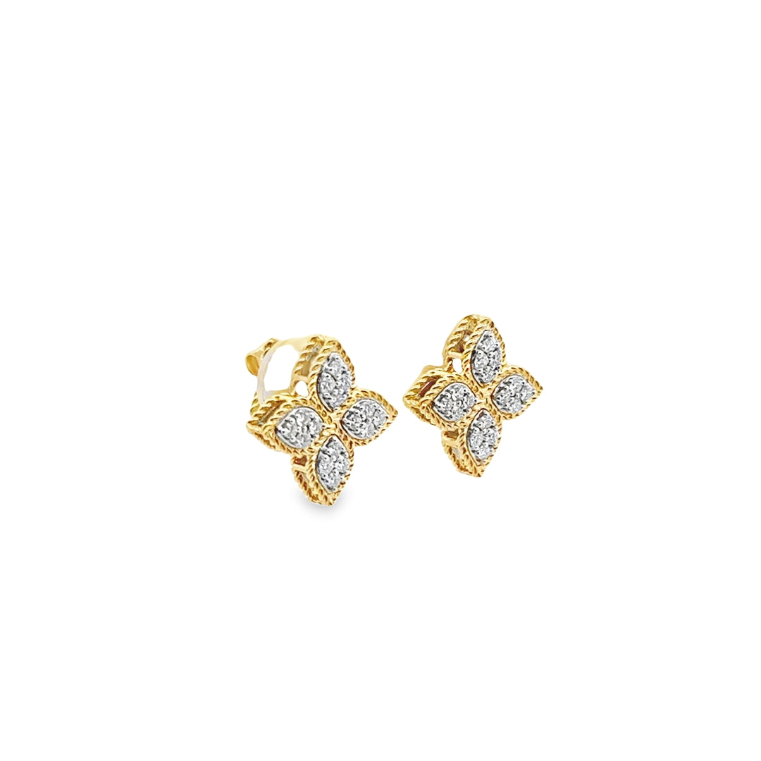 18K Two-Tone Gold Diamond Princess Flower Stud Earrings (Medium)