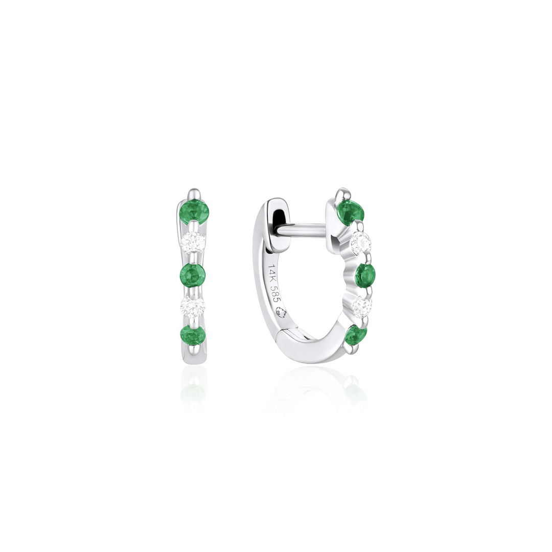 14K White Gold Emerald Diamond Alernating Graduated Huggie Hoop Earrings