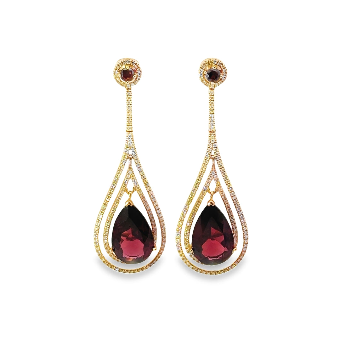 14K Rose Gold Garnet Diamond Open Teardrop Dangle Earrings