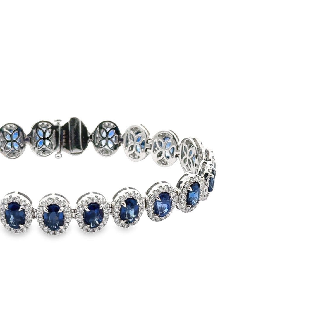 18K White Gold Sapphire Diamond Oval Halo Tennis Bracelet