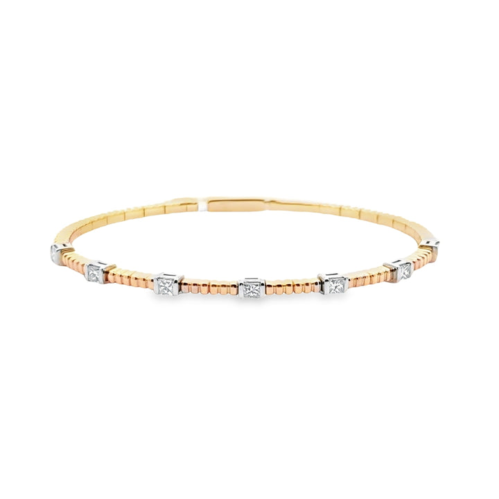 14K Two-Tone Gold Diamond Princess Cut Chanel Set Bangle Bracelet