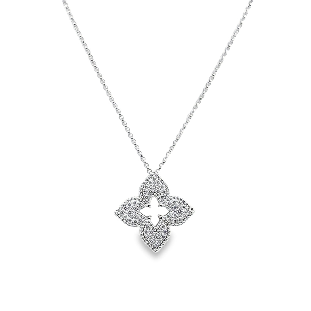 18K White Gold Diamond Venetian Princess Pave Flower Pendant Necklace (Medium)