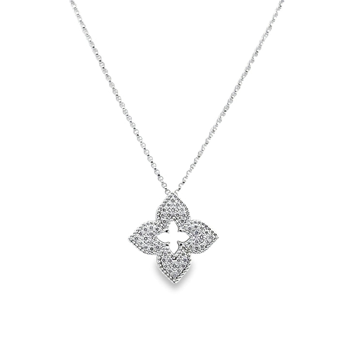 18K White Gold Diamond Venetian Princess Pave Flower Pendant Necklace (Medium)