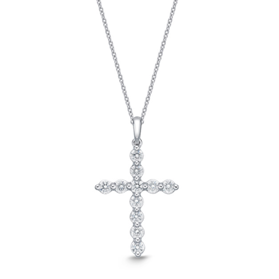 18K White Gold Diamond Single Prong Cross Pendant Necklace