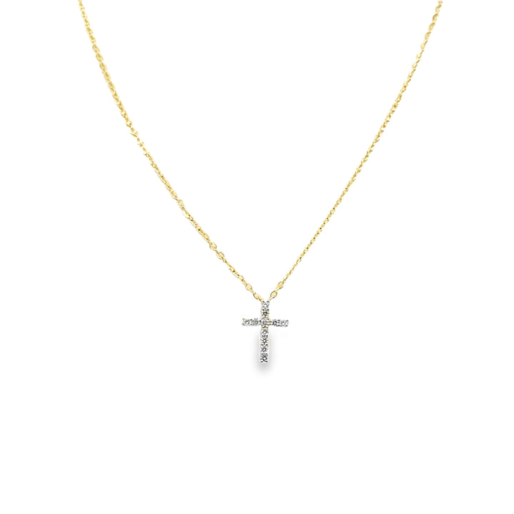 14K Yellow Gold Diamond Prong Micro Cross Necklace