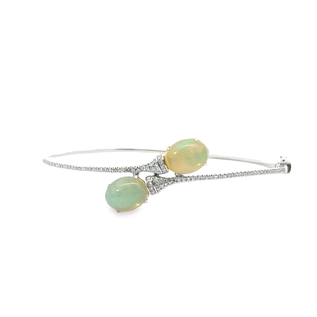 14K White Gold Opal Diamond Ophis Cuff Bangle Bracelet