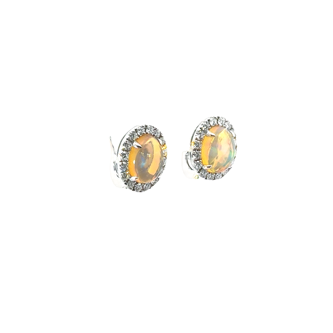 18K White Gold Opal Diamond Halo Stud Earrings