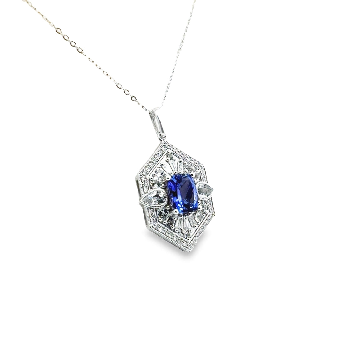 14K White Gold Tanzanite Diamond Art Deco Pendant Necklace