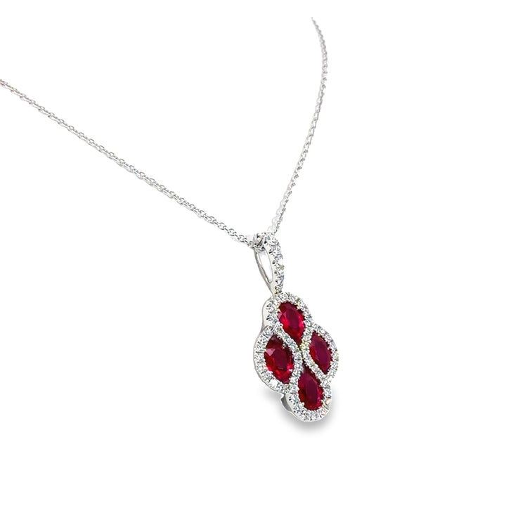 18K White Gold Ruby Diamond Drop Pendant Necklace