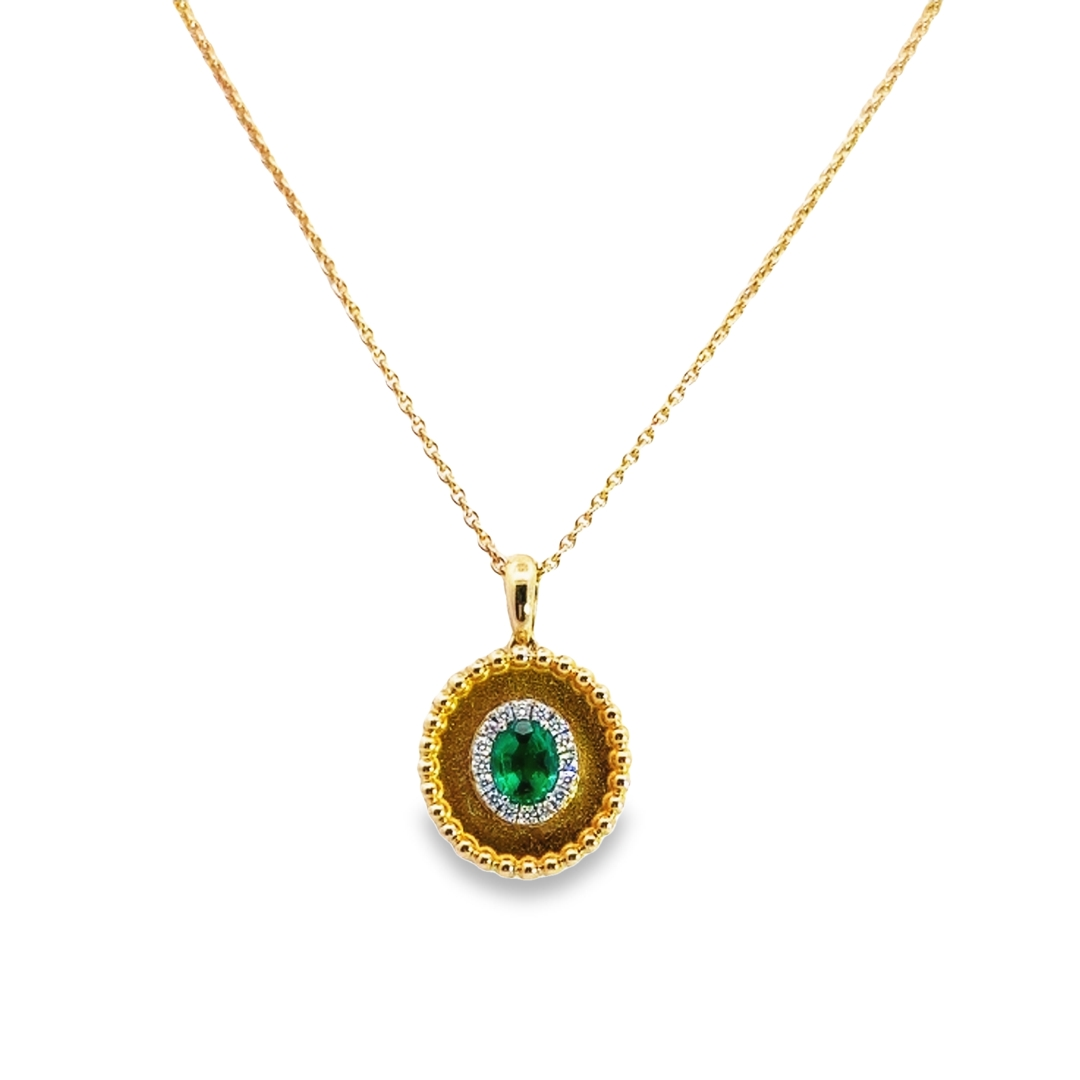 18K Two-Tone Gold Emerald Diamond Halo Medallion Pendant Necklace