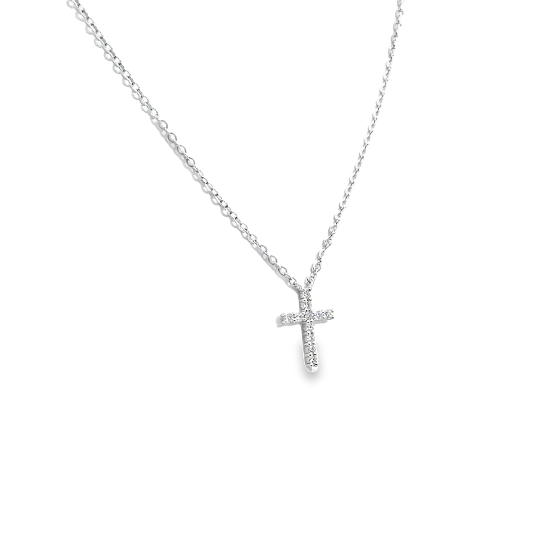 14K White Gold Diamond Prong Micro Cross Necklace