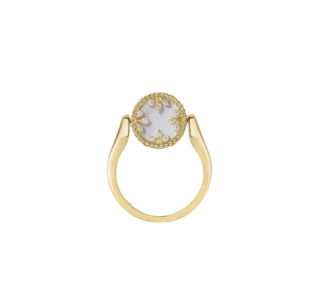 18K Yellow Gold Diamond Venetian Medallion Mother of Pearl Reversible Ring