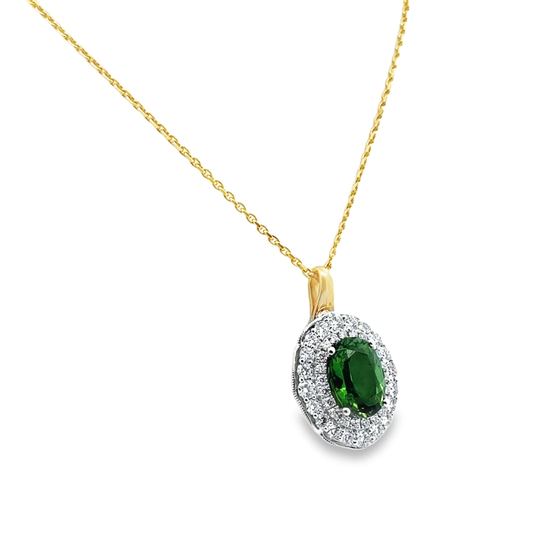18K Two-Tone Gold Chrome Tourmaline Diamond Double Halo Pendant Necklace
