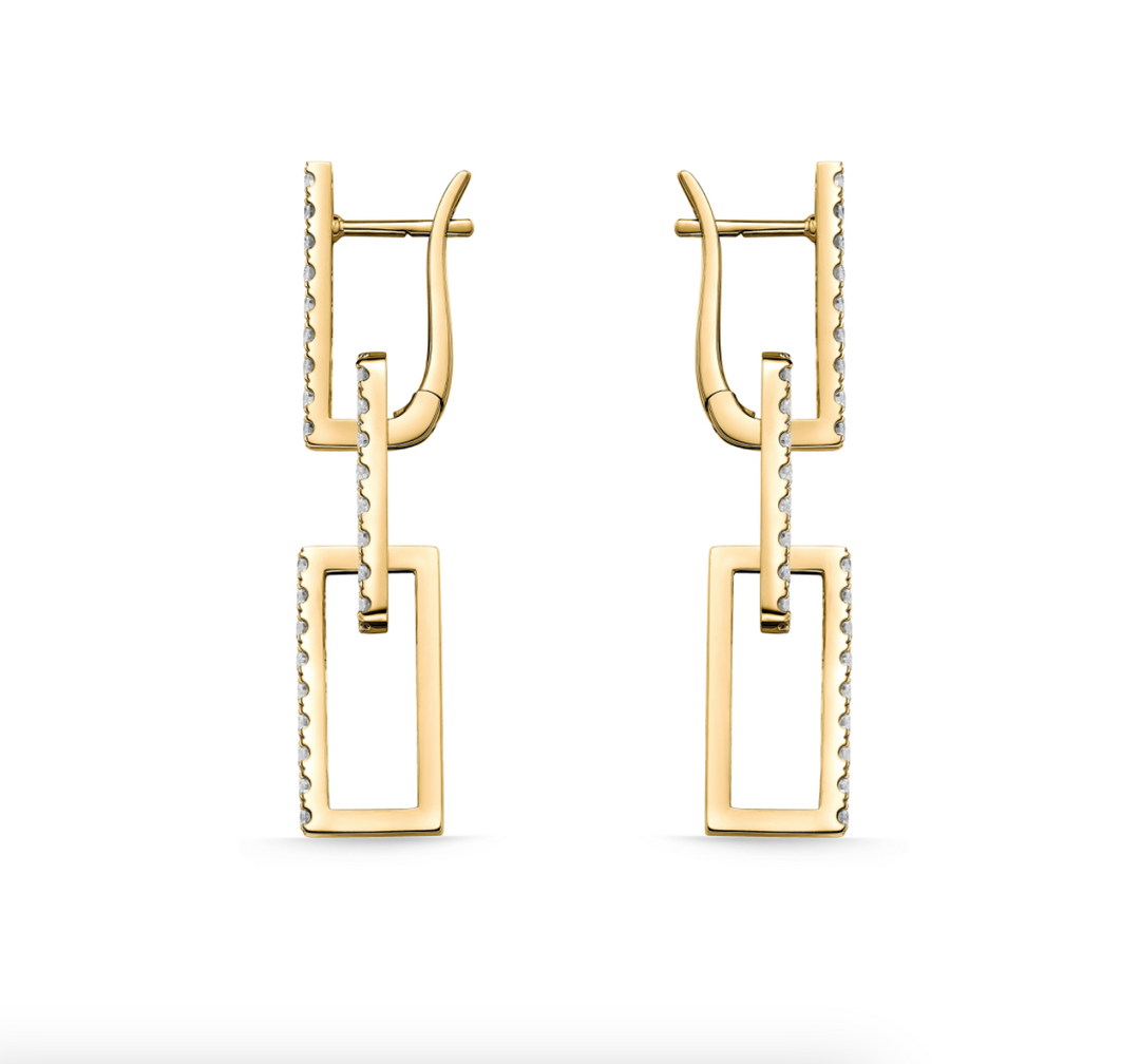 18K Yellow Gold Diamond Rectangle Drop Earrings