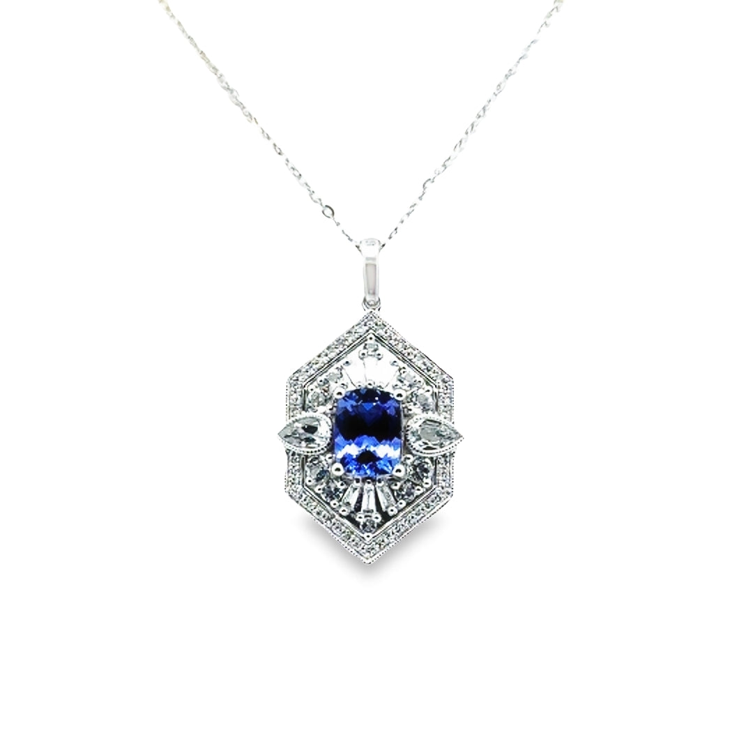 14K White Gold Tanzanite Diamond Art Deco Pendant Necklace