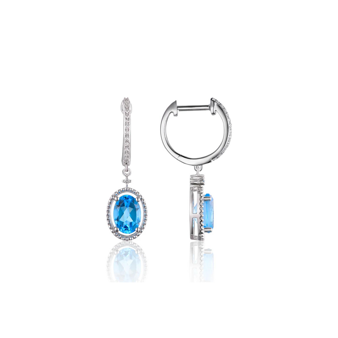 14K White Gold Blue Topaz Diamond Oval Halo Drop Huggie Hoop Earrings