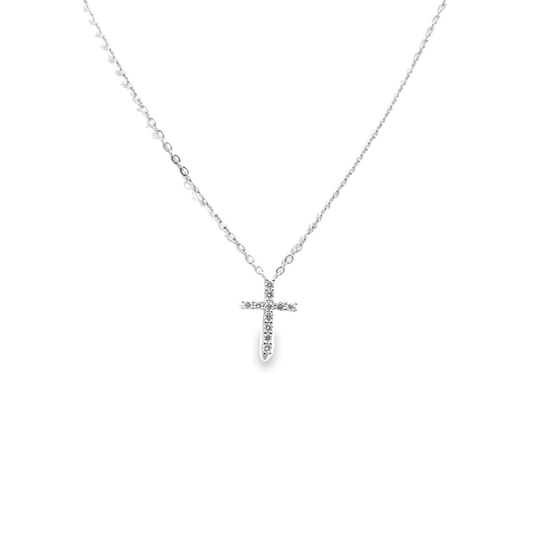 14K White Gold Diamond Prong Micro Cross Necklace