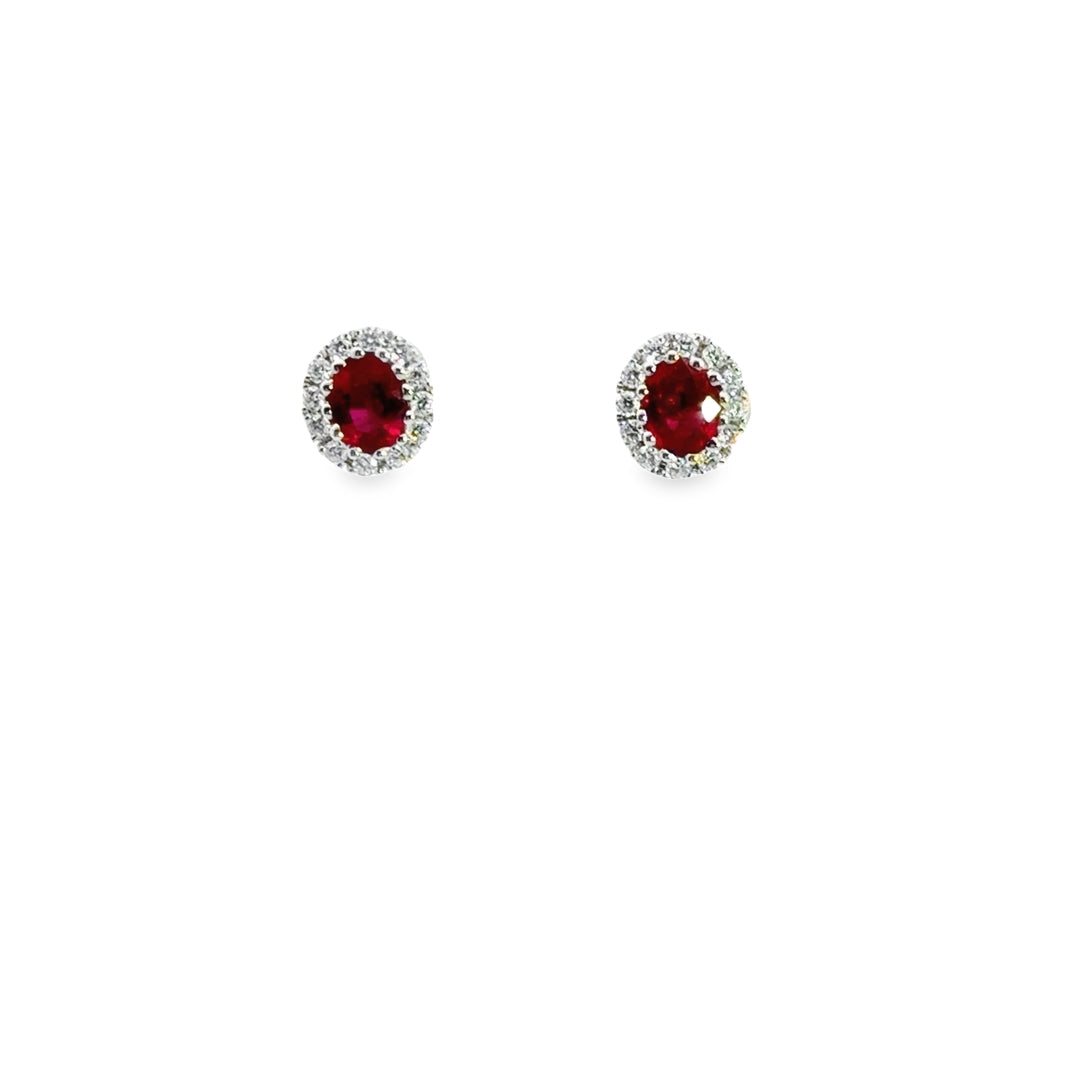 18K White Gold Ruby Diamond Oval Halo Stud Earrings