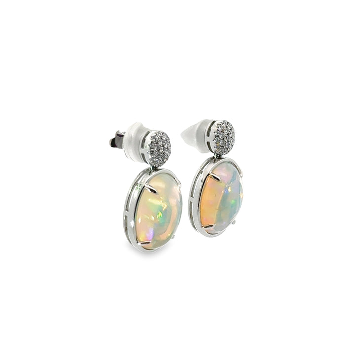 18K White Gold Opal Diamond Halo Drop Earrings