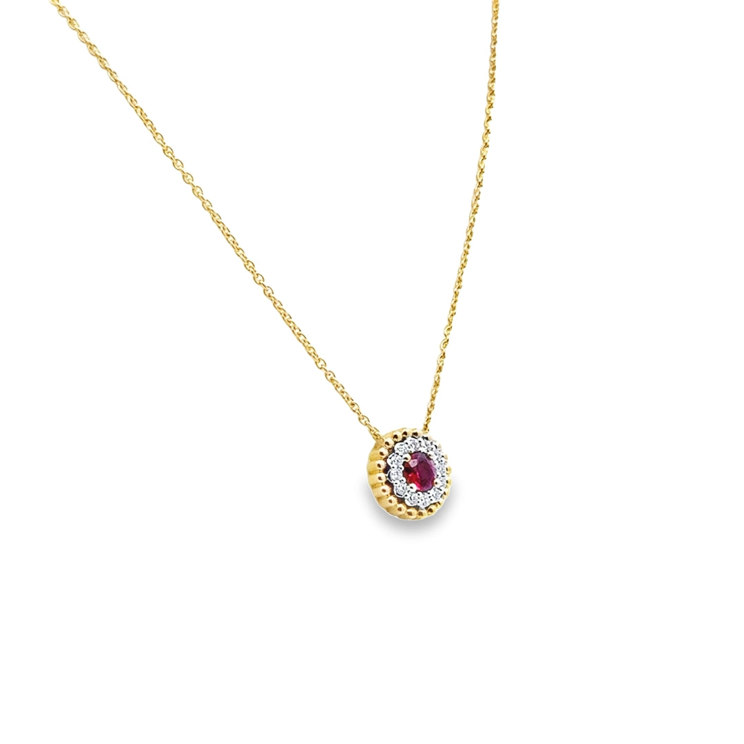 18K Two-Tone Gold Ruby Diamond Halo Pendant Necklace