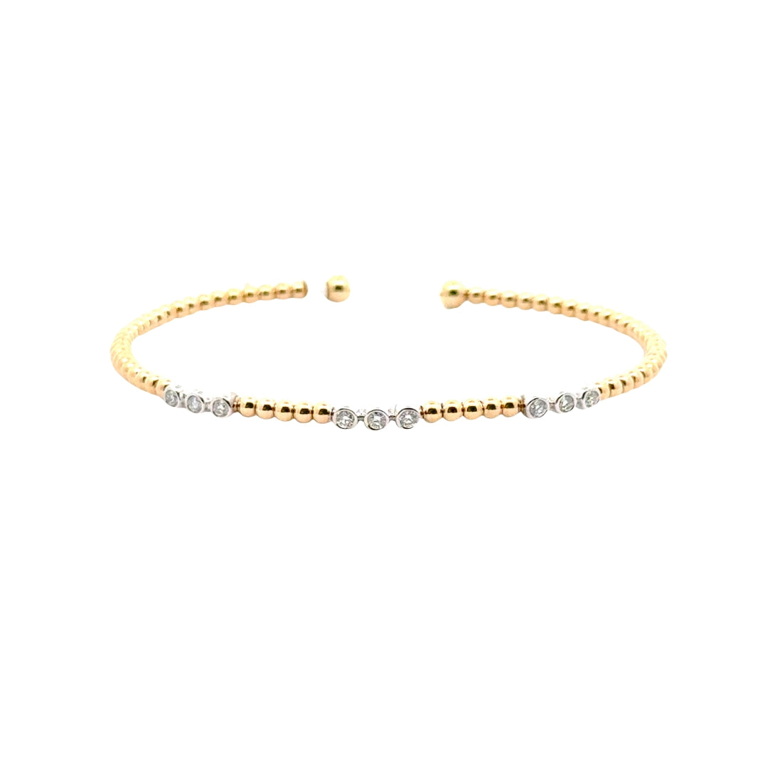 14K Two-Tone Gold Diamond Bezel Set Beaded Bangle Bracelet