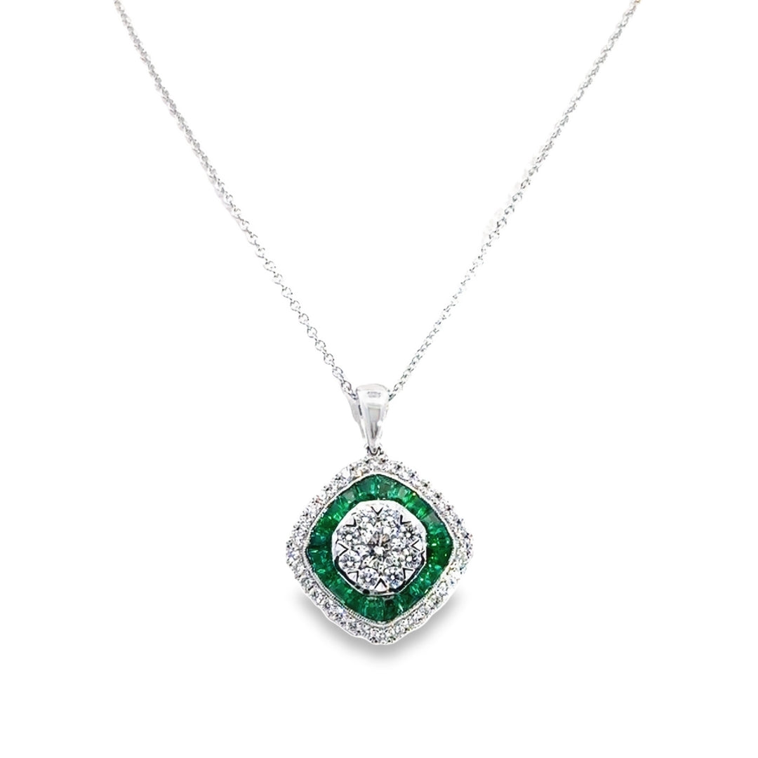 18K White Gold Emerald Diamond Burst Pendant Necklace