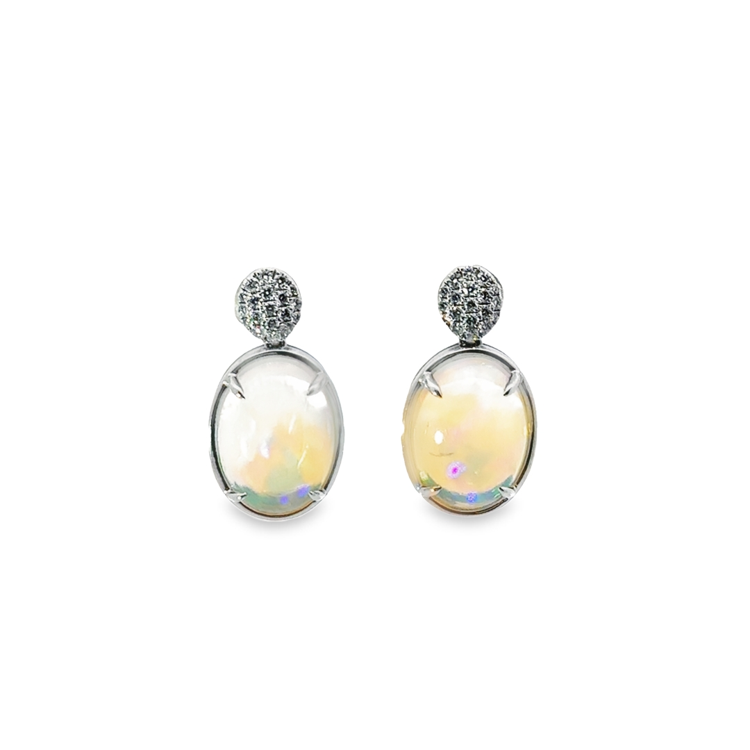 18K White Gold Opal Diamond Halo Drop Earrings