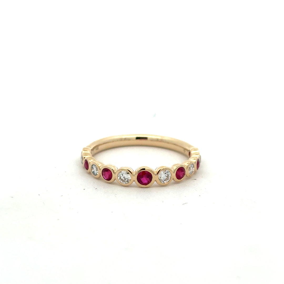 14K Yellow Gold Ruby Diamond Alternating Bezel Set Stacker Ring