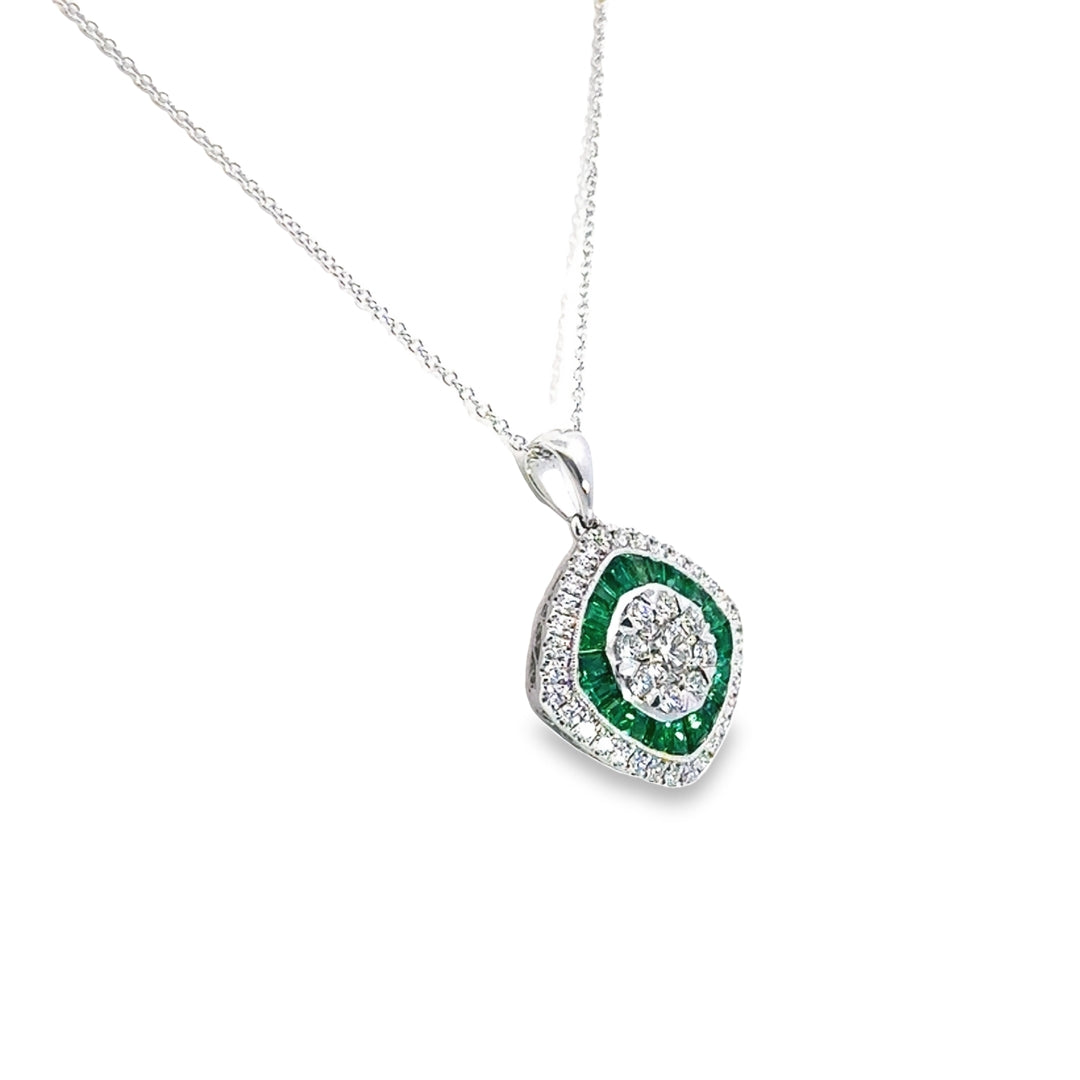18K White Gold Emerald Diamond Burst Pendant Necklace
