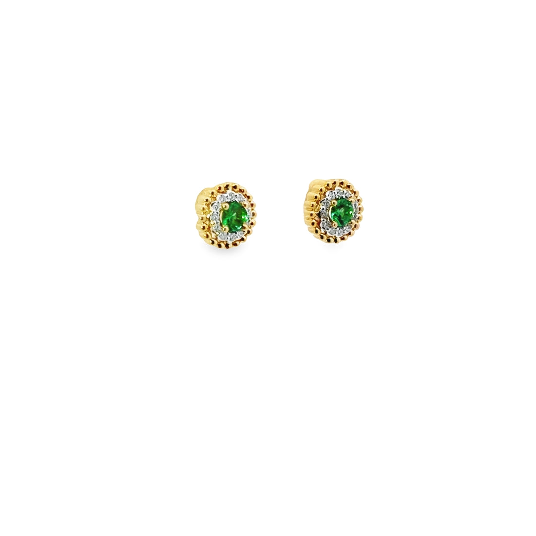 18K Two-Tone Gold Emerald Diamond Halo Stud Earrings