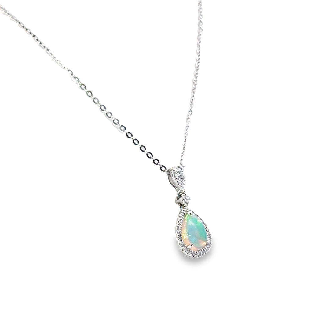 14K White Gold Opal Diamond Pear Teardrop Pendant Necklace