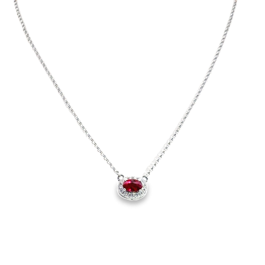 14K White Gold Ruby Diamond Oval Halo Pendant Necklace