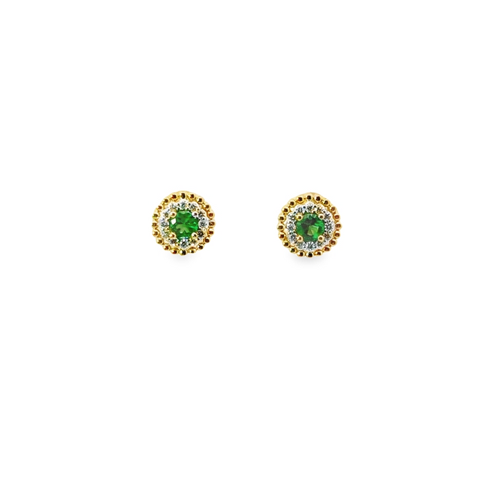 18K Two-Tone Gold Emerald Diamond Halo Stud Earrings