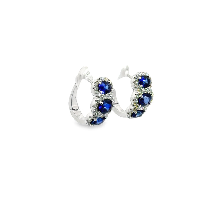 18K White Gold Sapphire Diamond Oval Halo Hoop Earrings