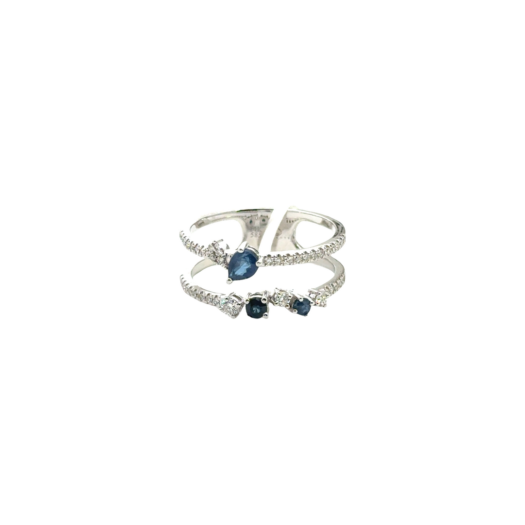 14K White Gold Sapphire Diamond Double Row Ring