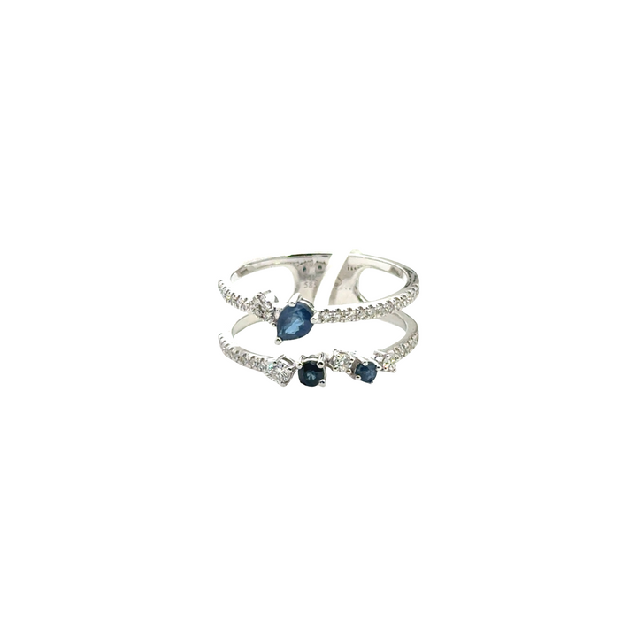 14K White Gold Sapphire Diamond Double Row Ring