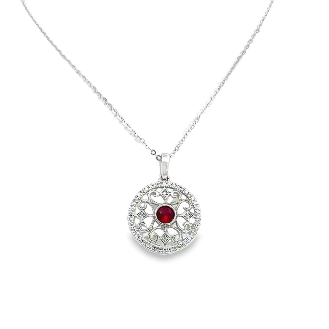 14K White Gold Ruby Diamond Classic Round Necklace