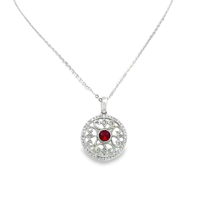 14K White Gold Ruby Diamond Classic Round Necklace