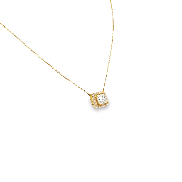 18K Yellow Gold Diamond Emerald Cut Halo Necklace