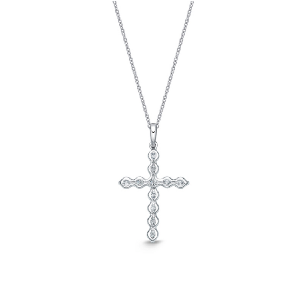 18K White Gold Diamond Single Prong Cross Pendant Necklace