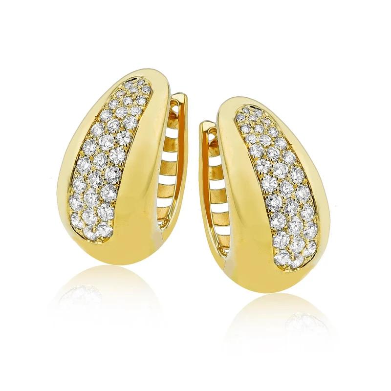 18K Yellow Gold Diamond Pave Center Wide Huggie Hoop Earrings