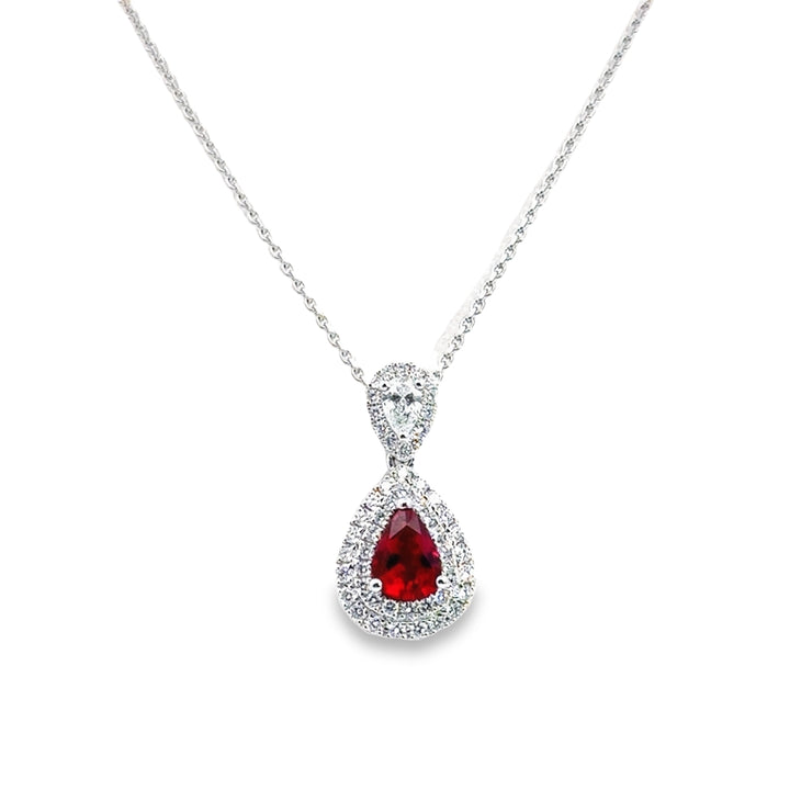 18K White Gold Ruby Diamond Pear Halo Drop Pendant Necklace