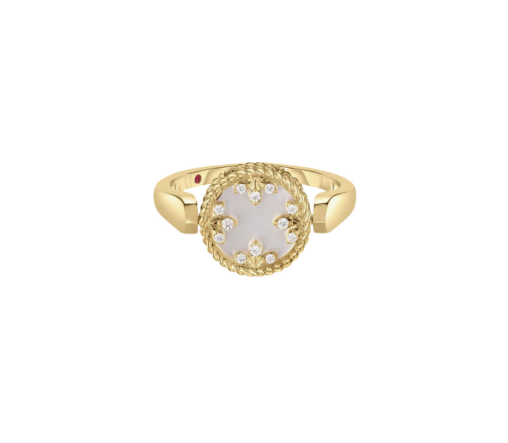 18K Yellow Gold Diamond Venetian Medallion Mother of Pearl Reversible Ring