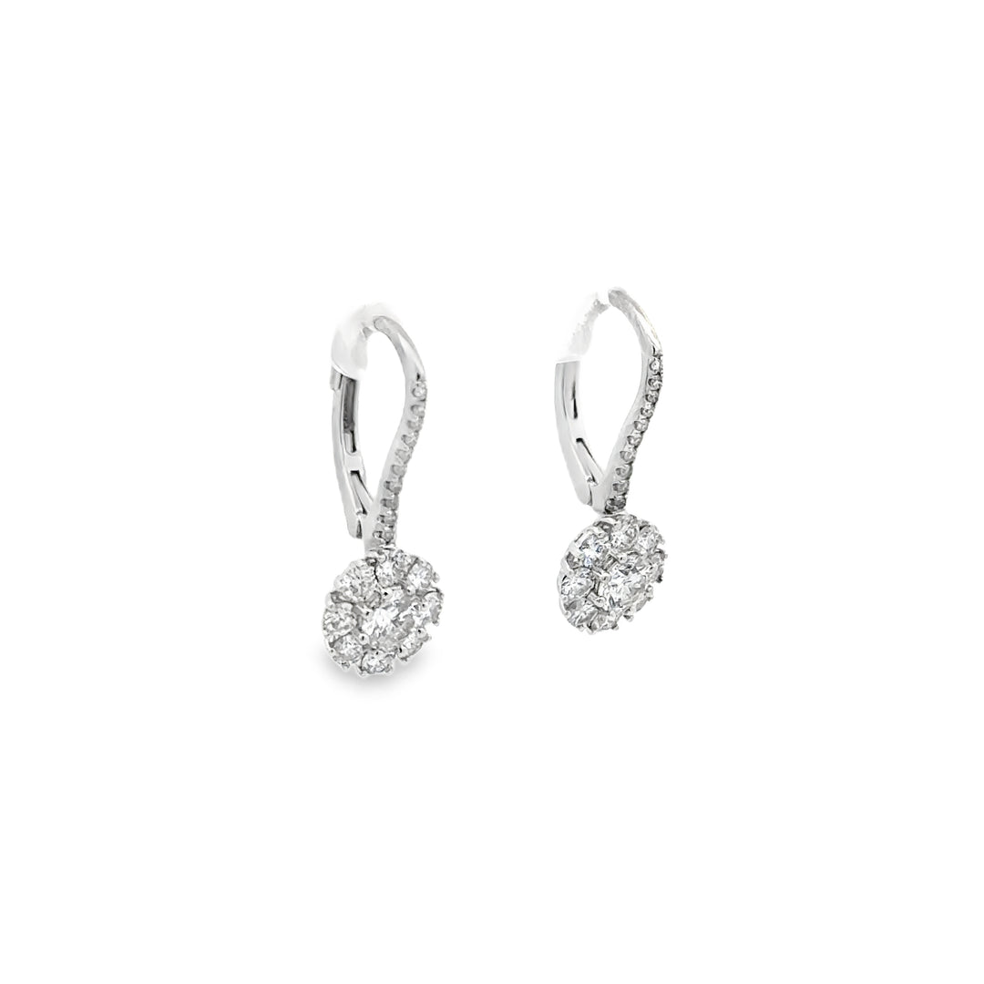 18K White Gold Diamond Flower Halo Drop Earrings