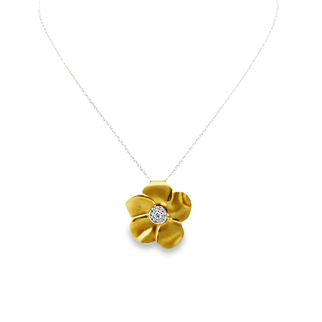 18K Two-Tone Gold Diamond Flower Pendant Necklace
