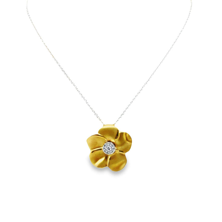 18K Two-Tone Gold Diamond Flower Pendant Necklace