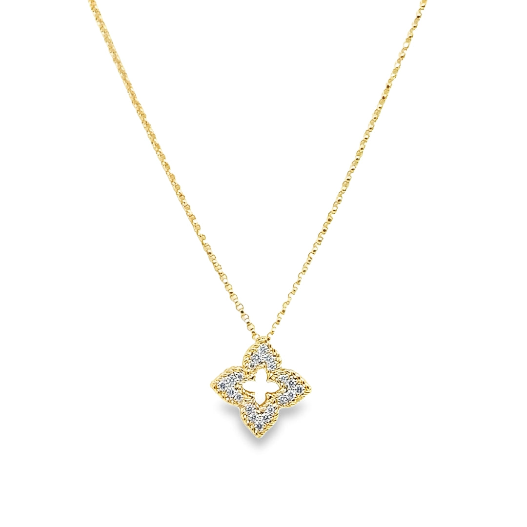 18K Yellow Gold Diamond Venetian Princess Pave Flower Pendant Necklace (Small)